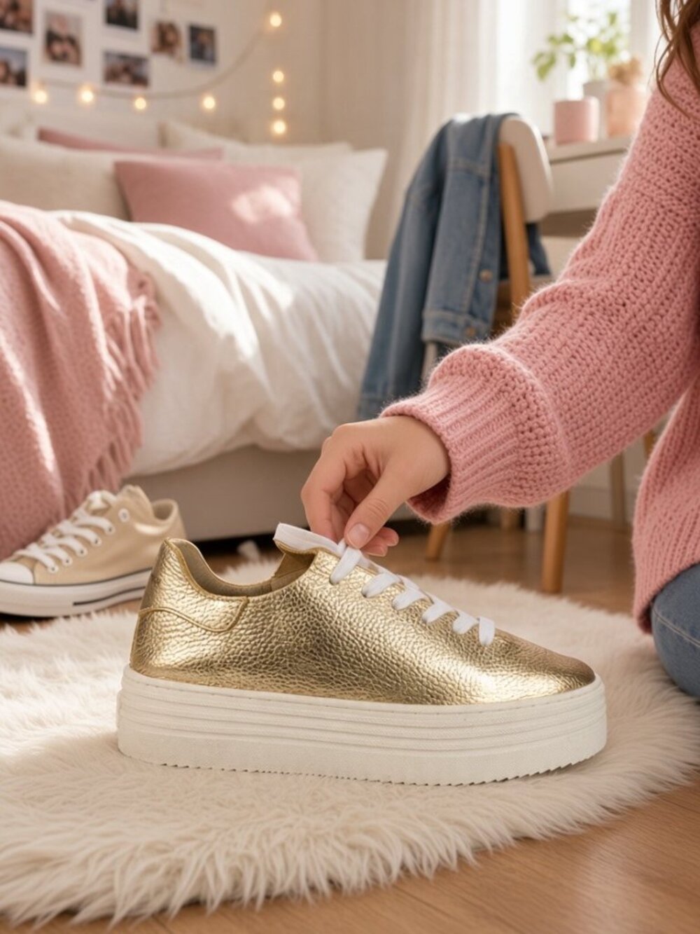 NEW Sam Edelman Pippy Gold Leather Platform Sneakers Coquette Fairycore Size 7.5